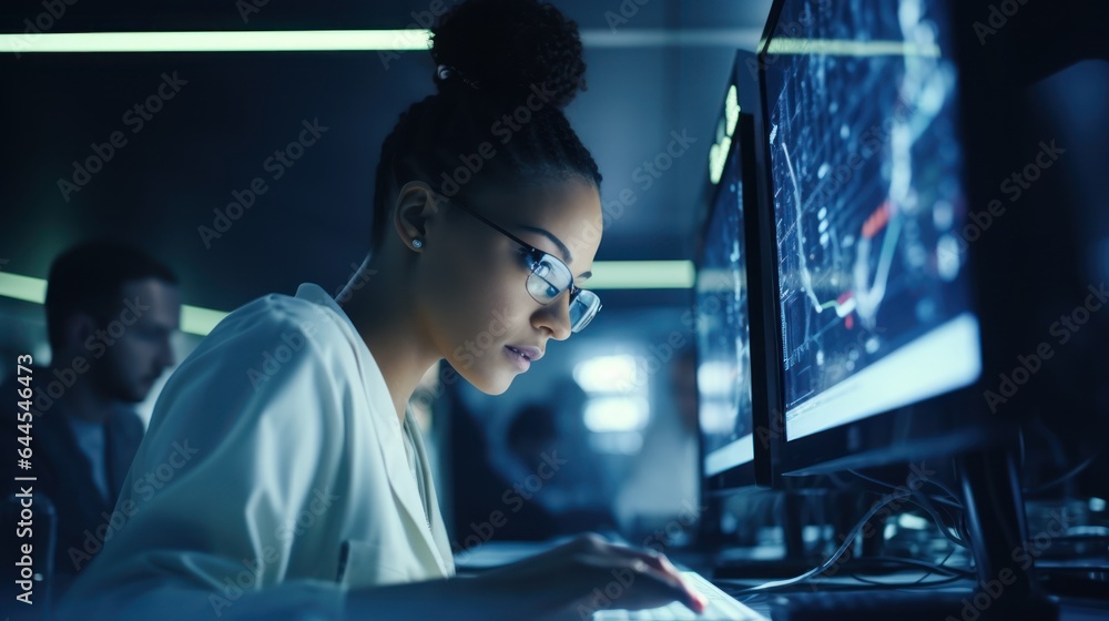 Data scientists work in a modern office of a technology company on the development of a quantum computer. Science, technology, big data and blockchain concept. Data scientists work in a modern office of a technology company on the development of a quantum computer. Science, technology, big data and blockchain concept.