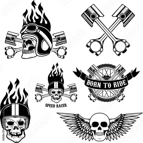 Speed racer. Born to ride. Set of emblems with human skulls in racing helmets. Vector illustration.