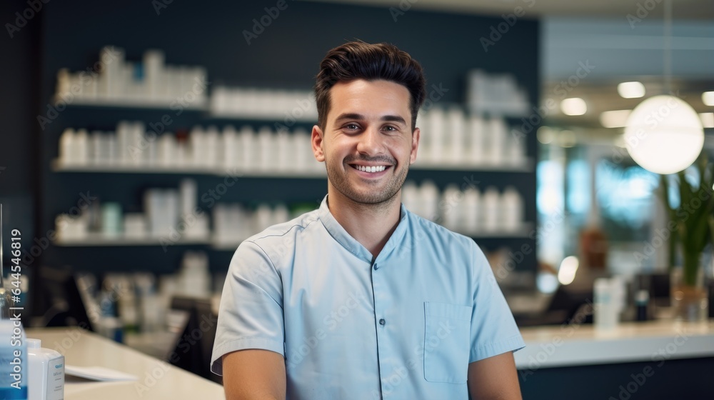Fototapeta premium Friendly pharmacist standing behind the counter of a pharmacy. Generative AI