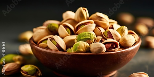 AI Generated. AI Generative. pistachio  nuts in bowl in wooden table. Healthy vegan organic food. Graphic Art