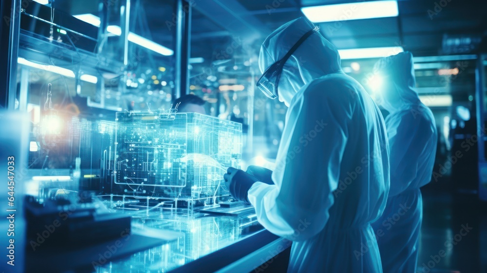 Data scientists work in a modern office of a technology company on the development of a quantum computer. Science, technology, big data and blockchain concept. Data scientists work in a modern office of a technology company on the development of a quantum computer. Science, technology, big data and blockchain concept.