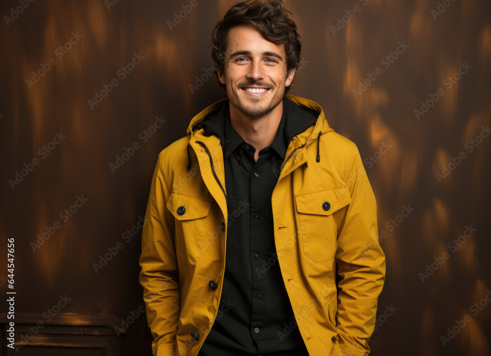 Portrait of a man wearing a cool jacket against a solid backdrop, with a yellow theme that adds a vibrant touch. Portrait of a man wearing a cool jacket against a solid backdrop, with a yellow theme that adds a vibrant touch.