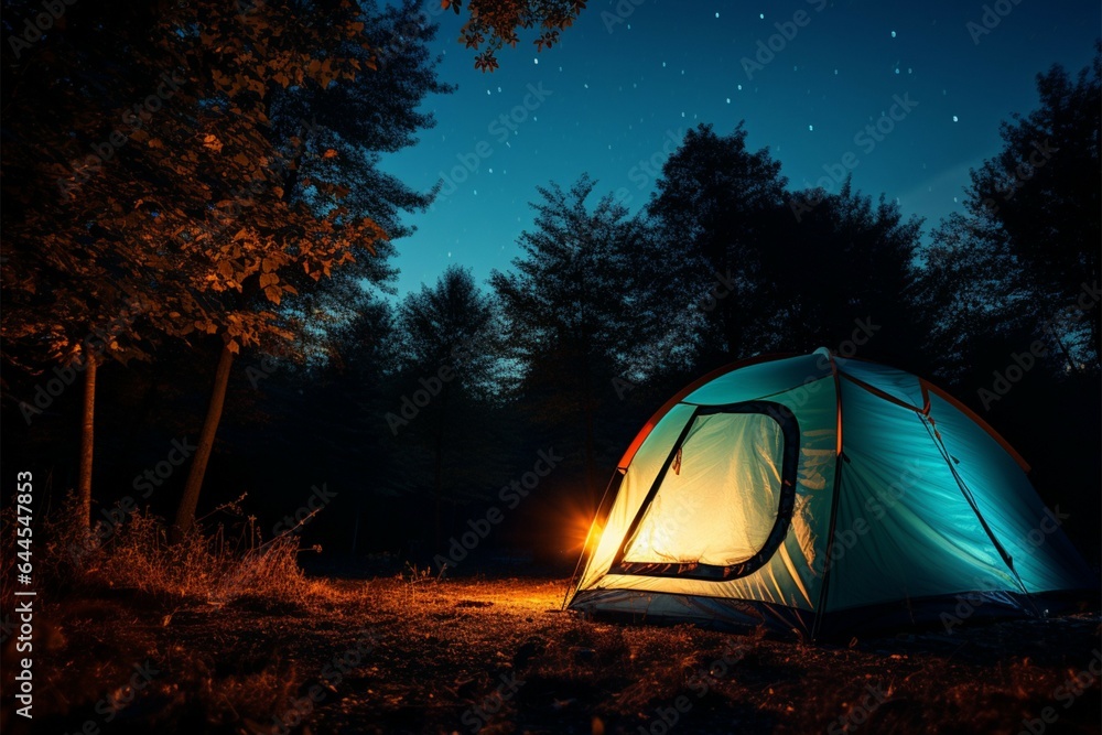 A luminous blue tent beneath a starry forest evening, with a sunset backdrop