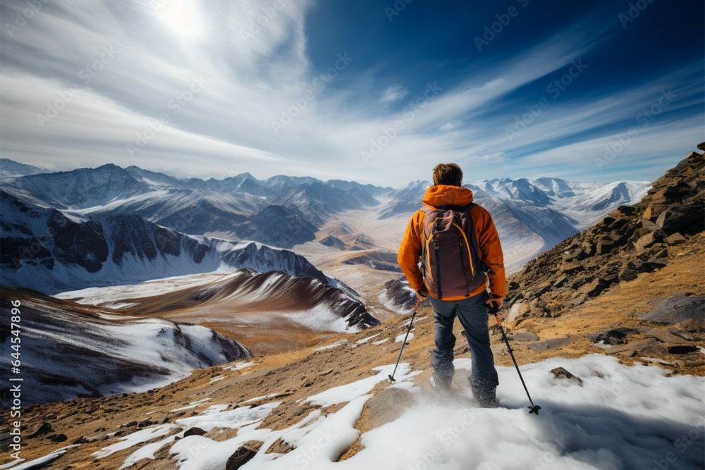 A man, backpack on, admires the vastness of a mountain landscape