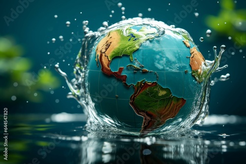 Earth emerges as a globe within transparent water  accented by graceful splashes