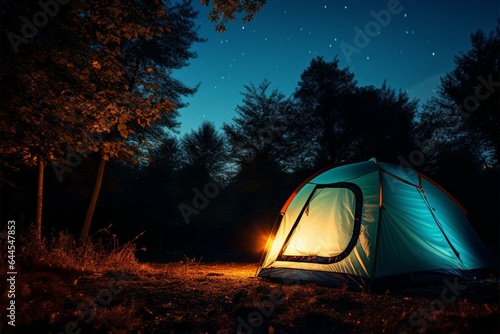 A luminous blue tent beneath a starry forest evening  with a sunset backdrop