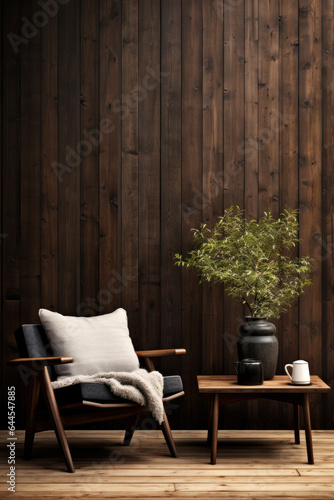 Living room interior design with chair, table and wooden wall. Generative AI