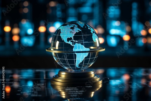 Financial data intersects with a crystal globe, embodying global economic connectivity