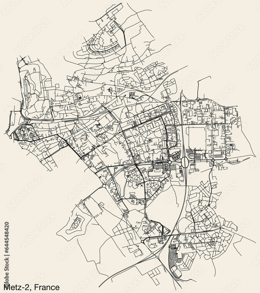 Fototapeta premium Detailed hand-drawn navigational urban street roads map of the METZ-2 CANTON of the French city of METZ, France with vivid road lines and name tag on solid background