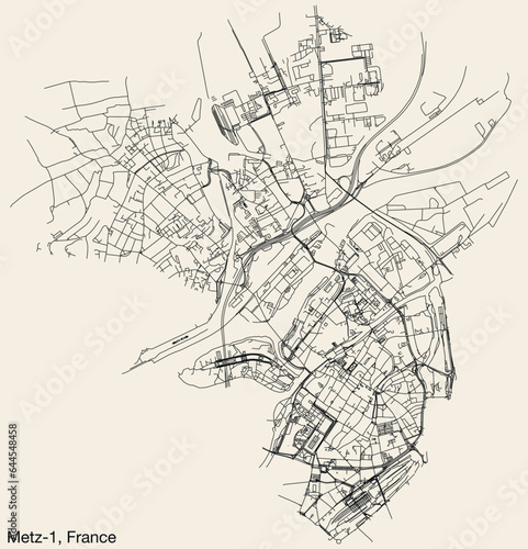 Detailed hand-drawn navigational urban street roads map of the METZ-1 CANTON of the French city of METZ, France with vivid road lines and name tag on solid background