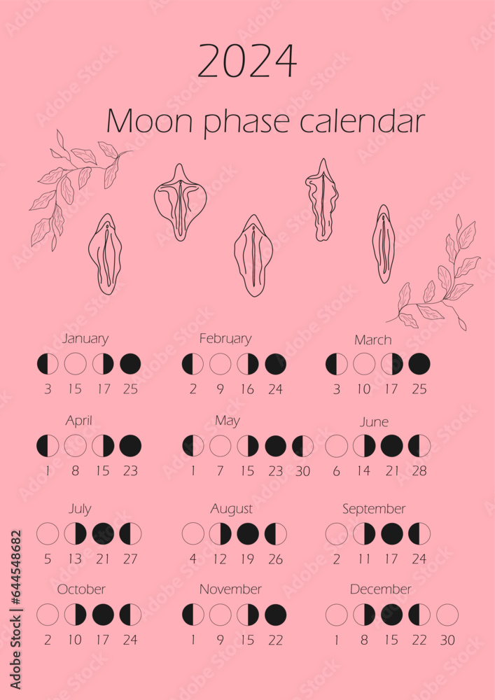 Moon phases calendar 2024. Waning gibbous, Waxing crescent, New moon, Full moon with dates
