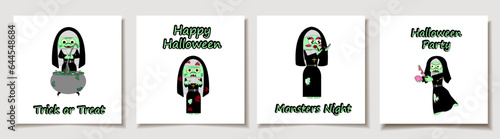 Set of Halloween cards with Set of four cartoon zombie nun . Halloween costume concept. Greeting cards with Magic items.	