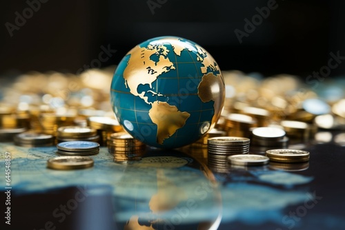 Intricate global business concept Glass world ball, gold coins, and bank passbook in close up