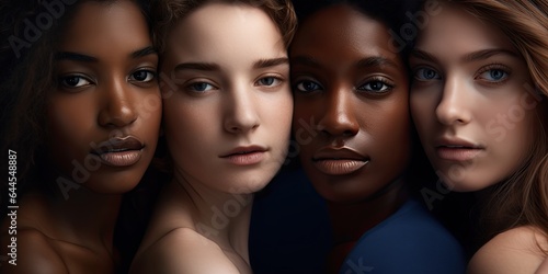 Multiracial Group of Young Women Embodying Diversity Gather in a Portrait of Modern Beauty and Togetherness, Displaying Different Skin Tones