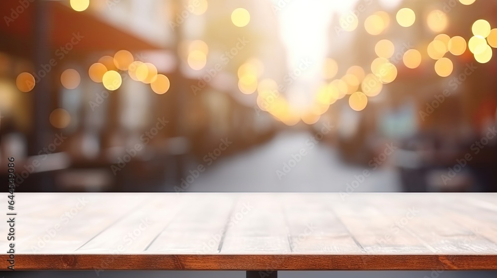 empty table and blur background of street cafe with bokeh light, Advertisement, Print media, Illustration, Banner, for website, copy space, for word, template, presentation. empty table and blur background of street cafe with bokeh light, Advertisement, Print media, Illustration, Banner, for website, copy space, for word, template, presentation.