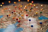 Vivid close up reveals an array of colorful pins on world maps