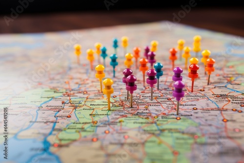 Vibrant pushpins mark various planned destinations on a colorful and detailed map