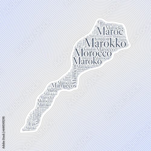 Morocco shape formed by country name in multiple languages. Morocco border on stylish striped gradient background. Vibrant poster. Cool vector illustration.