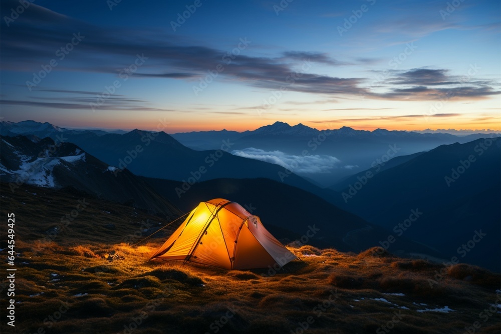 An orange glowing tent amid a mountain evening or early morning