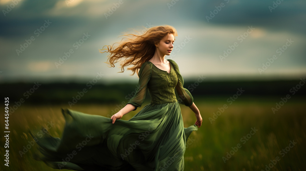 Obraz premium Beautiful redheaded young woman in flowing green dress standing carefree in green field