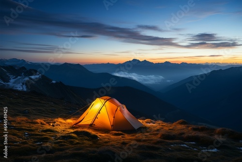 An orange glowing tent amid a mountain evening or early morning