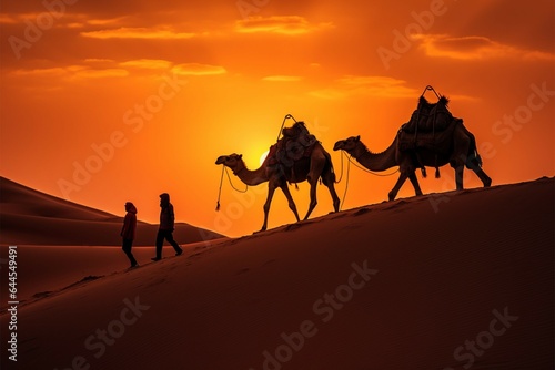 Cameleers guide camels through Thar Desert at picturesque sunset