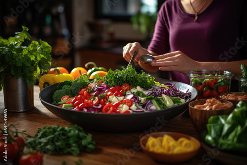 A person preparing a colorful salad with fresh vegetables and leafy greens, promoting the importance of a balanced diet. Generative Ai.