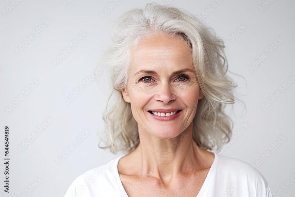 A content and confident senior woman in her 60s exudes charm. Her radiant smile and positive expression highlight the beauty and satisfaction that comes with age and a healthy lifestyle.