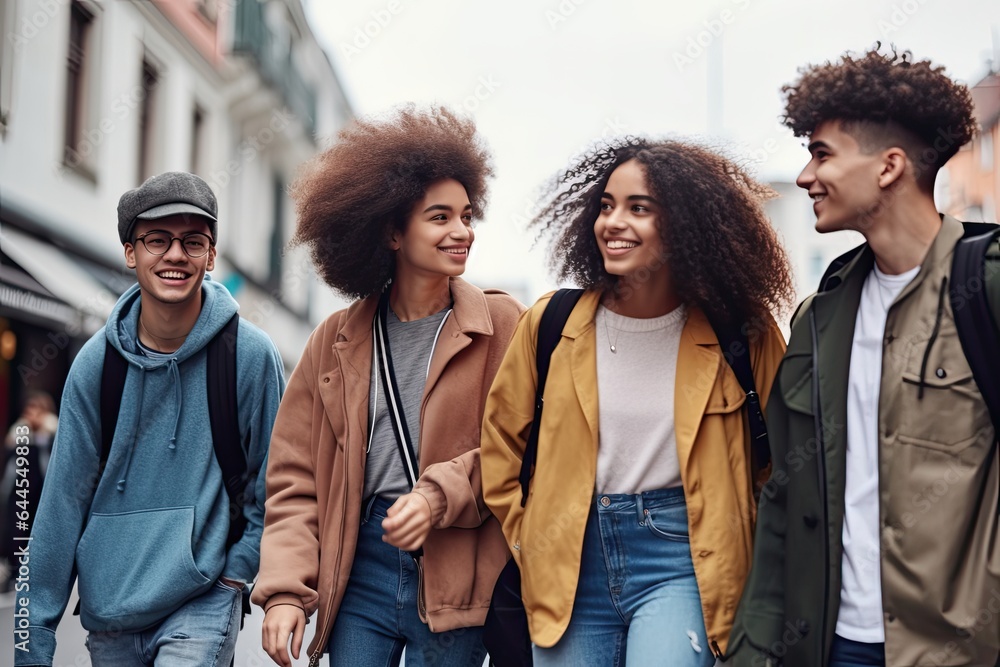 A diverse group of young friends walks happily along the city street. Their mix of styles and backgrounds embodies the essence of modern, inclusive friendships in a vibrant urban setting.