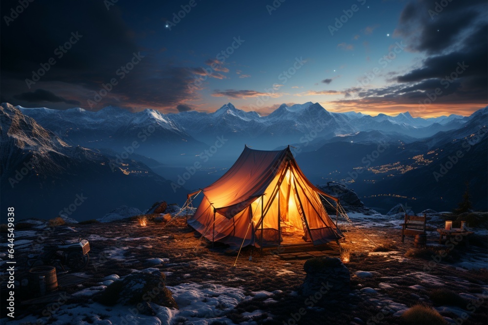 Mountainside tent aglow in the tranquil evening or early morning