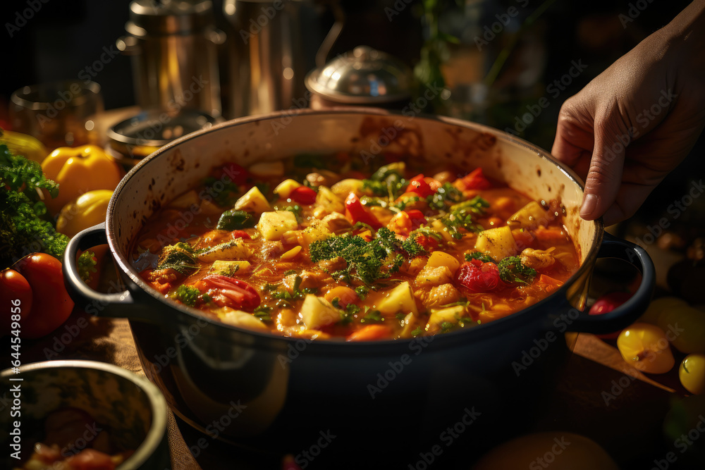 A close-up of a person's hand stirring a pot of homemade vegetable soup, showcasing a comforting and nutritious meal choice. Generative Ai. A close-up of a person's hand stirring a pot of homemade vegetable soup, showcasing a comforting and nutritious meal choice. Generative Ai.