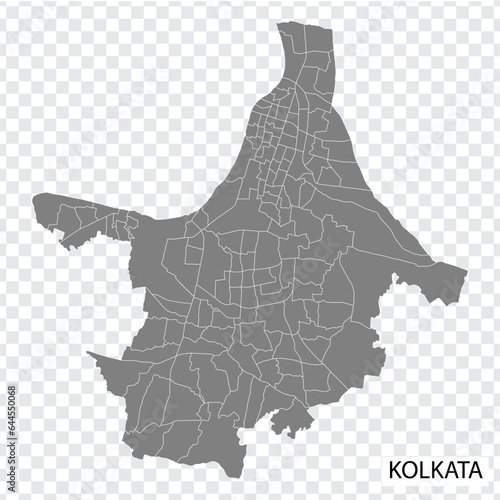 High Quality map of Kolkata is a city of India, with borders of the regions. Map of Kolkata for your web site design, app, UI. EPS10.