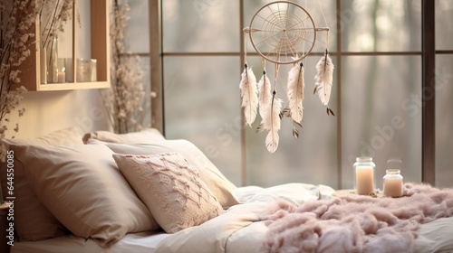 Hanging elegant feather white dreamcatcher beside bed. Generative ai. photo