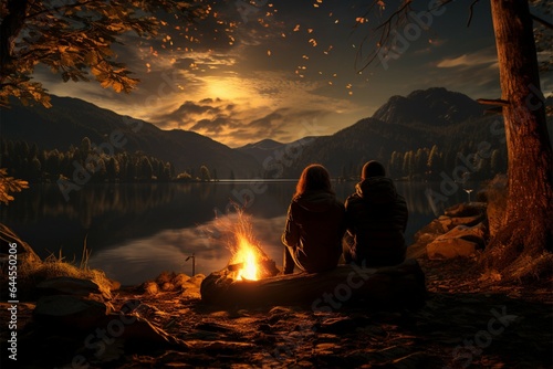 Tranquil night a young couple, campfire, and the Milky Way