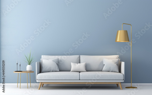 Scandinavian interior of living room concept, light gray sofa with gold lamp on white flooring and blue wall,3d rendering