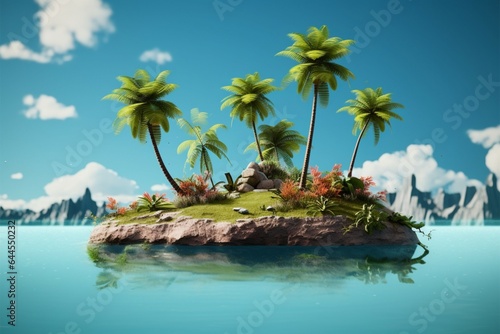 Two palm trees crown a serene, tiny island in the ocean