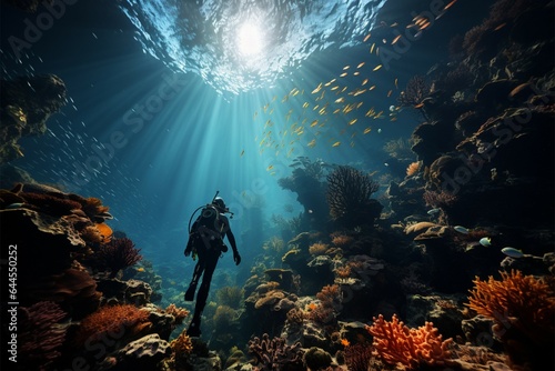 Vibrant coral ecosystems illustrated as a diver explores the underwater world