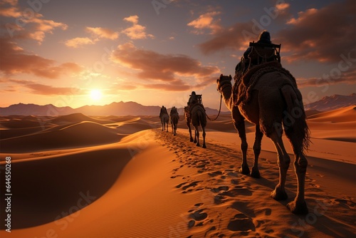 Wide angle view captures camel caravan traversing Sahara Deserts sand dunes