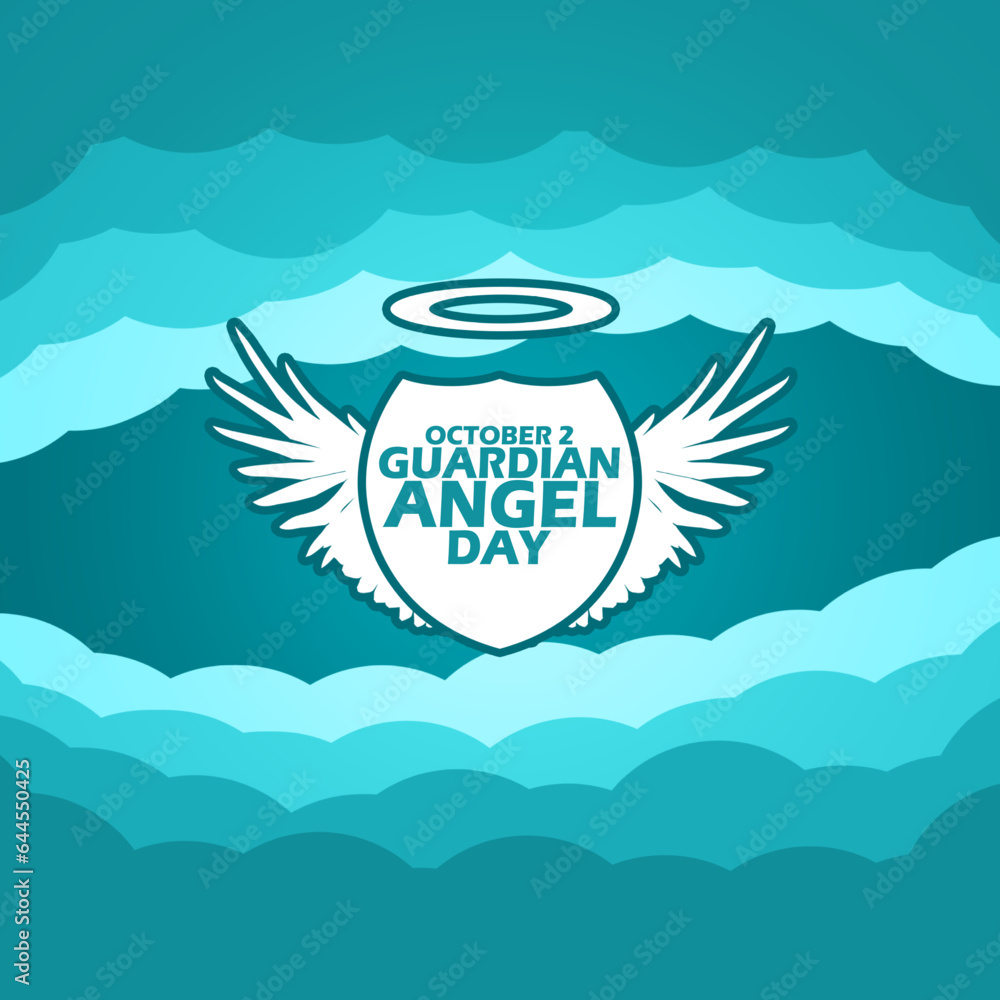 Shield icon of a winged angel with his holy ring above the clouds, with