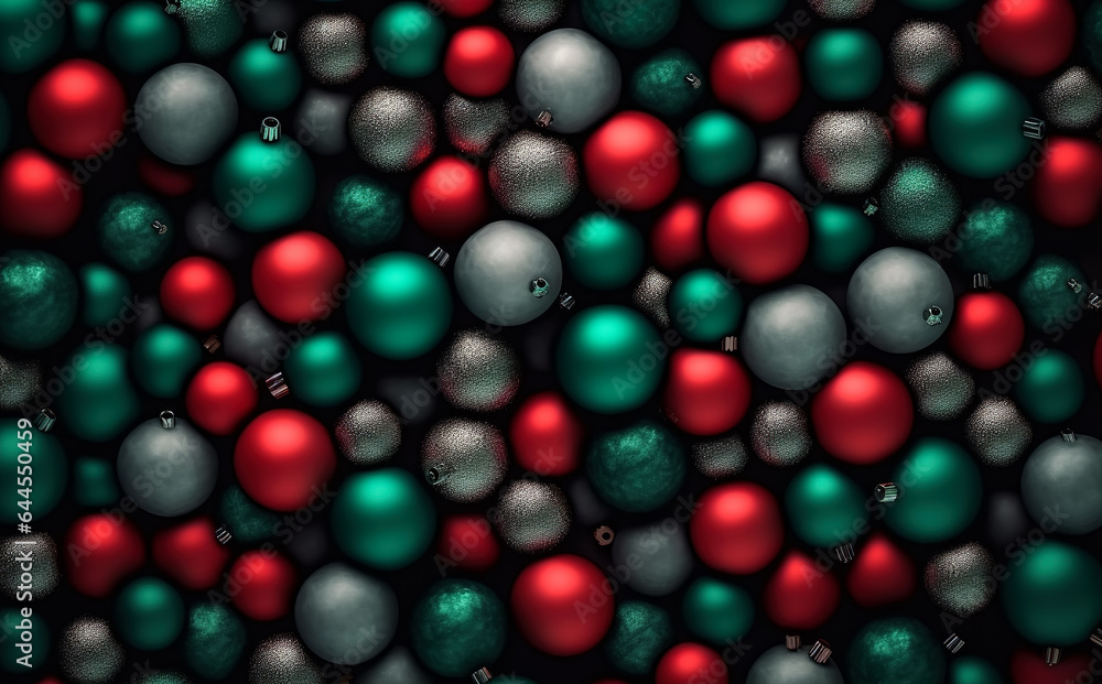 A pattern of green and red Christmas balls, lying tightly on a flat surface, top view A pattern of green and red Christmas balls, lying tightly on a flat surface, top view