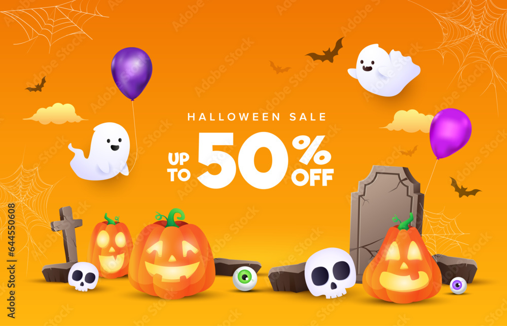 Fototapeta premium Halloween sale banner with funny halloween characters in orange background. Vector illustrations. Halloween festive banner, website, sale banner, poster template. 