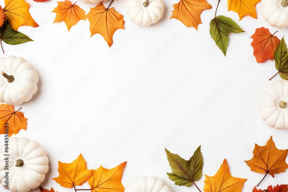 Yellow and green dried leaves and small orange pumpkins on white background, top view, copy space. Halloween, Thanksgiving holiday concept. Yellow and green dried leaves and small orange pumpkins on white background, top view, copy space. Halloween, Thanksgiving holiday concept.