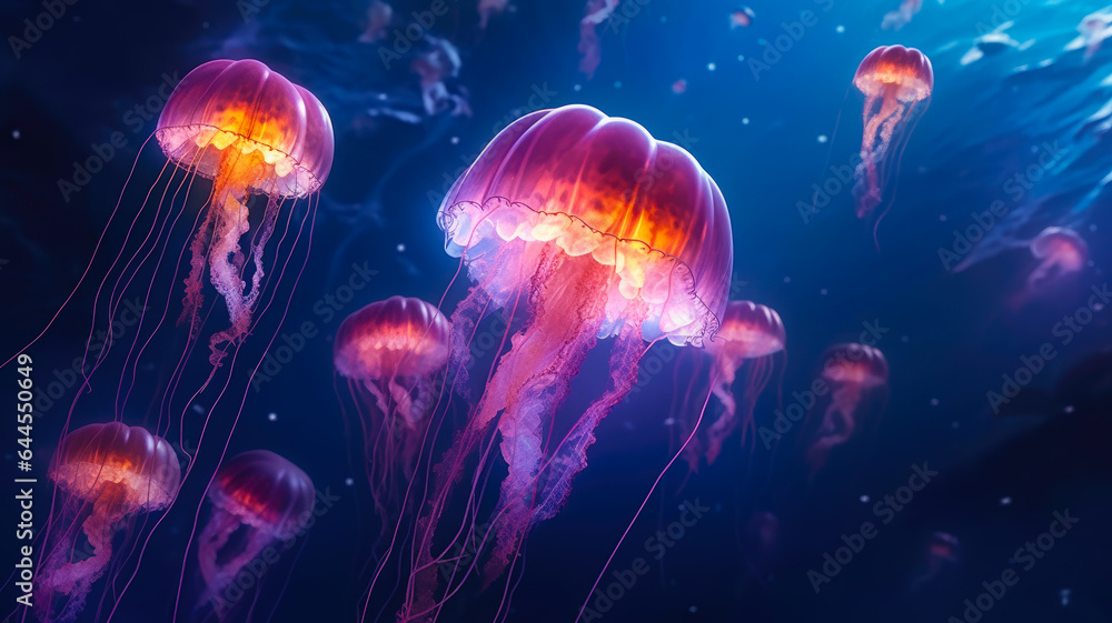 AI Generated 8K Photograph of Ethereal Jellyfish Floating in the Water, Their Translucent Bodies Illuminated by Gentle Underwater Lighting, Creating a Dreamlike Atmosphere. AI Generated 8K Photograph of Ethereal Jellyfish Floating in the Water, Their Translucent Bodies Illuminated by Gentle Underwater Lighting, Creating a Dreamlike Atmosphere.