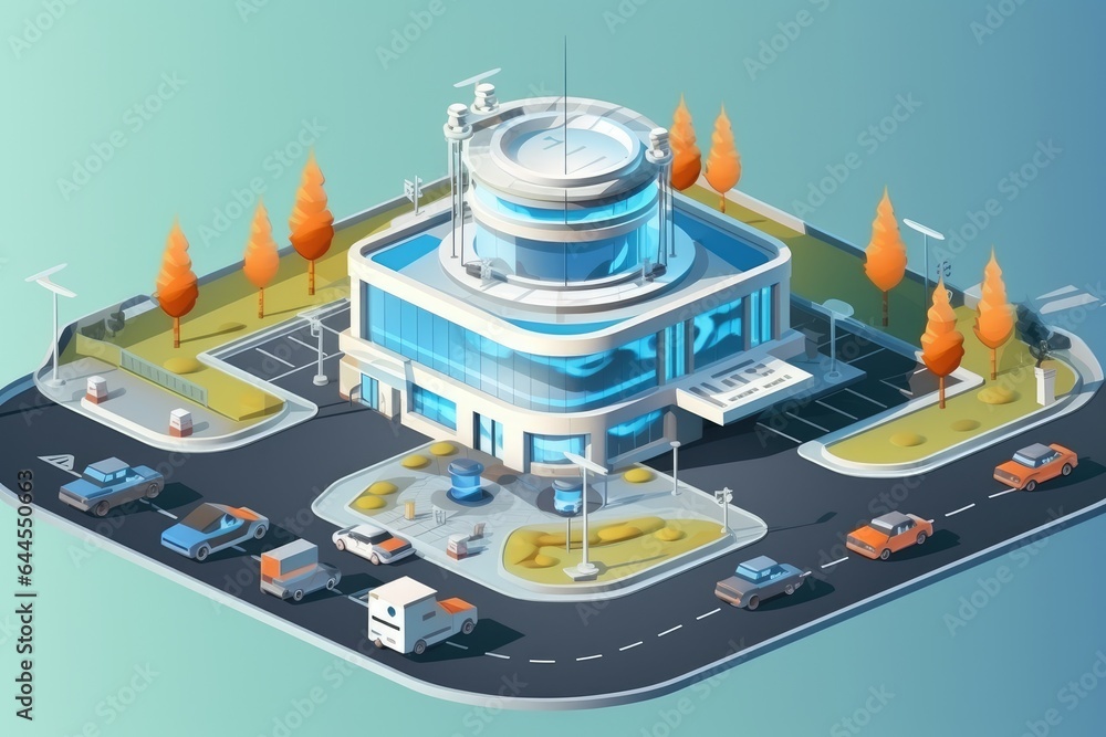 isometric of futuristic police station building.