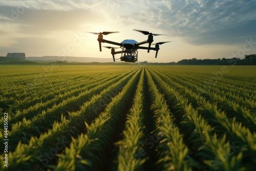 Drone fly over smart farming technology in a corn field.