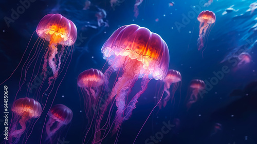 AI Generated 8K Photograph of Ethereal Jellyfish Floating in the Water, Their Translucent Bodies Illuminated by Gentle Underwater Lighting, Creating a Dreamlike Atmosphere.  © PixelFusion Creation