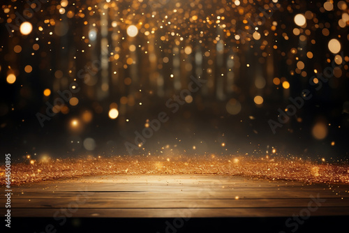 Golden Celebration: Vibrant Confetti on an Empty Festive Stage photo