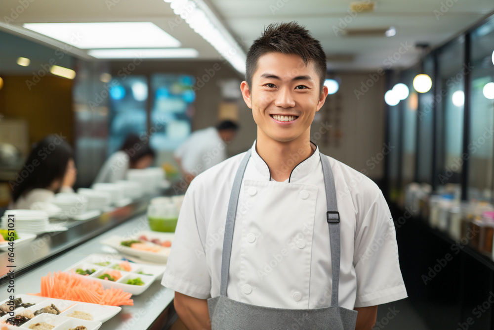 Portrait of a smiling Japanese waiter in uniform. A chef, an itamae or master sushi chef wearing white jacket and apron in sushi restaurant. - obrazy, fototapety, plakaty 