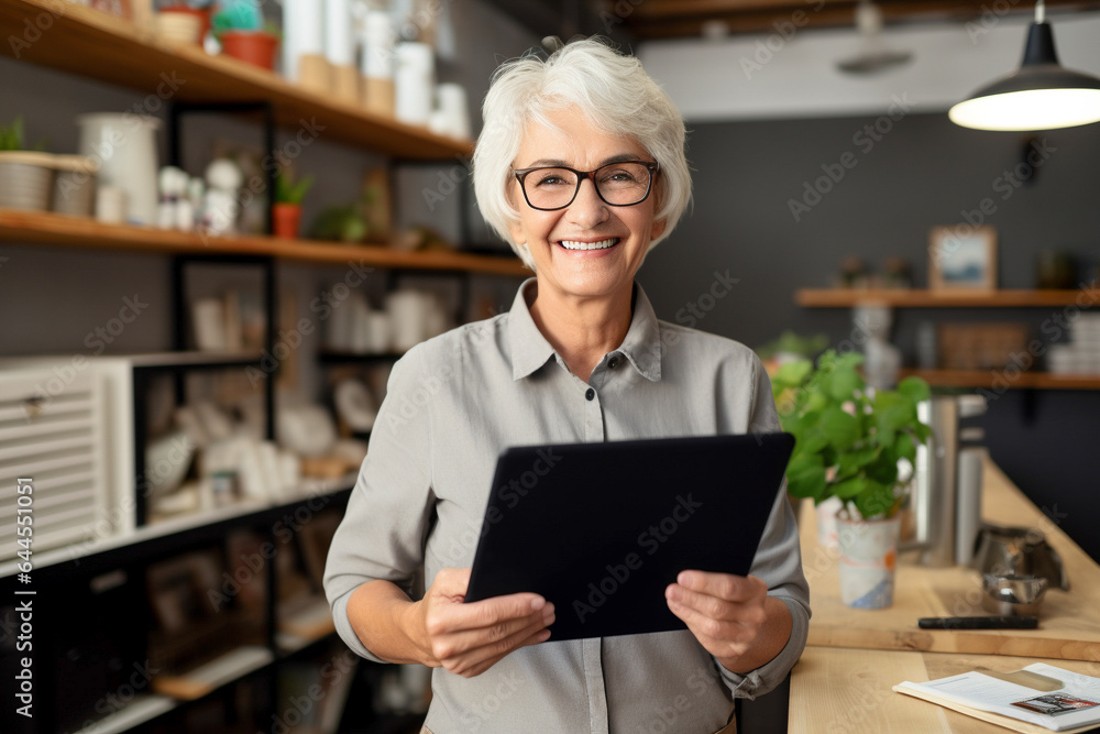 Senior craftswoman with tablet computer in her workshop. Older female small business entrepreneurs concept. Senior craftswoman with tablet computer in her workshop. Older female small business entrepreneurs concept.
