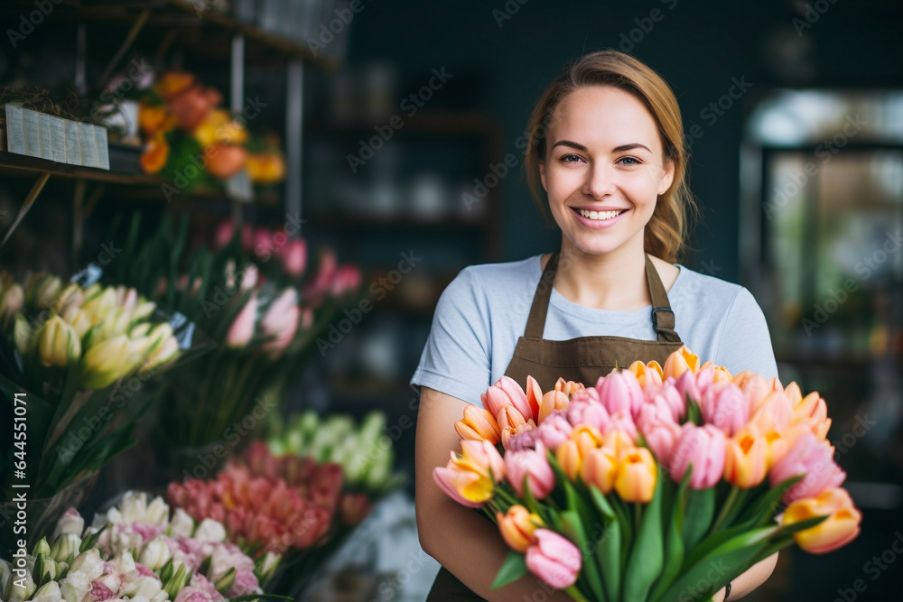 Happy young florist smiling while working in a florist shop. Young small business female owner standing in front of her flower shop.